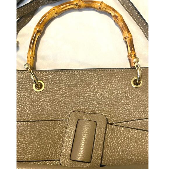 Vera Pelle Italy Taupe Leather Crossbody‎ Handbag Bamboo top handle classic - Picture 8 of 10